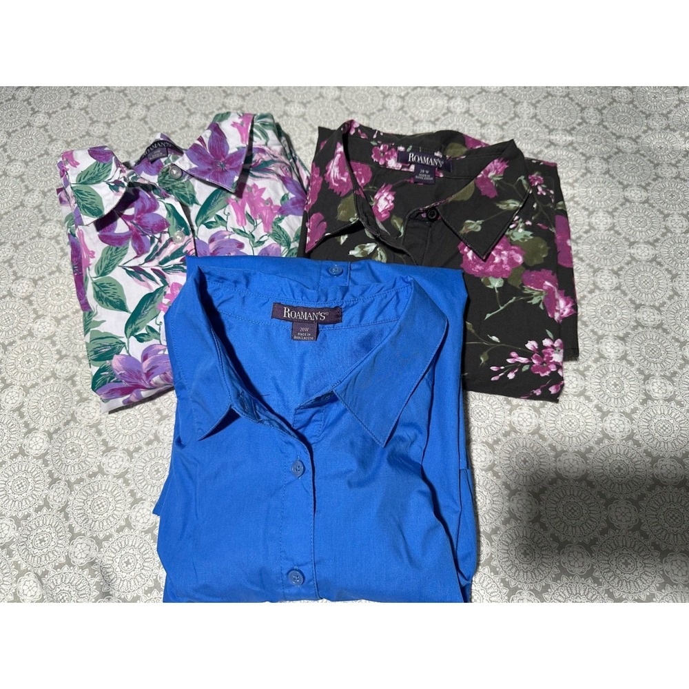 Roamans Womens Plus Size 20W Button Down Shirt Lot 3 Pack Floral Blue Tunic Tops